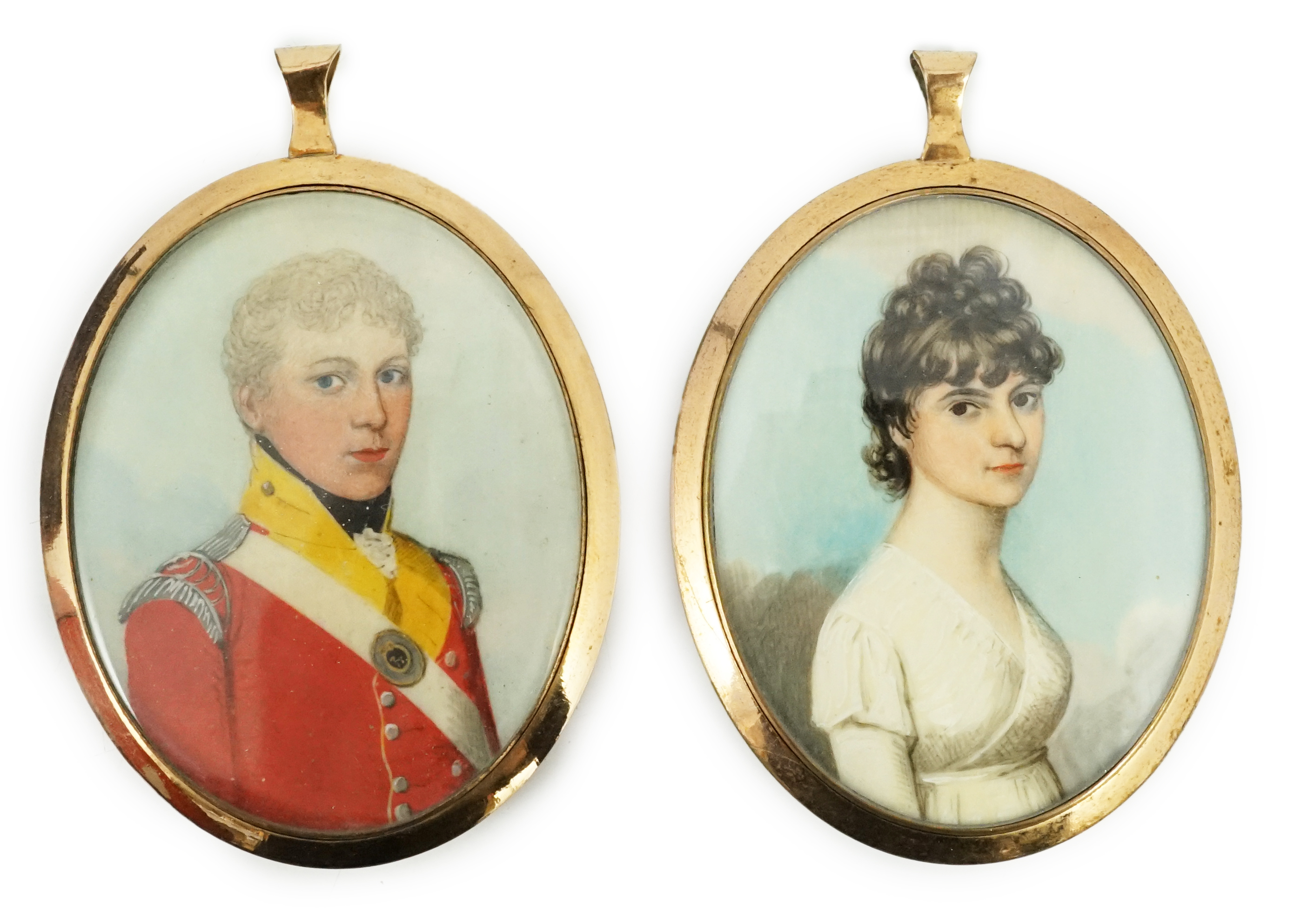 Attributed to Frederick Buck of Cork (Irish, 1771-1833), Portrait miniatures of an army officer and his wife; Charity and rustic lovers verso, watercolour on ivory, 6 x 4.75cm. CITES Submission reference 5NH5T3JW